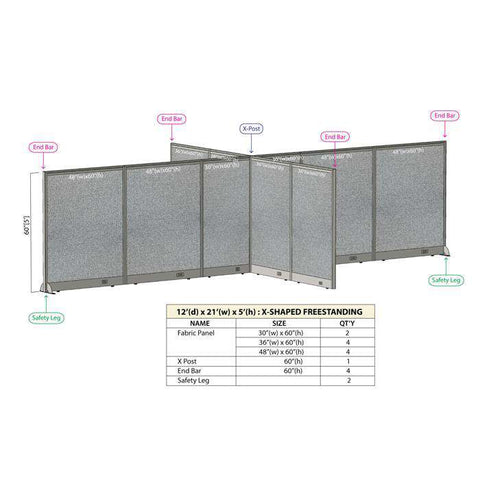 GOF 144"D x 252"W x 48”/60”/72”H, X-Shaped Freestanding Fabric Partition Package