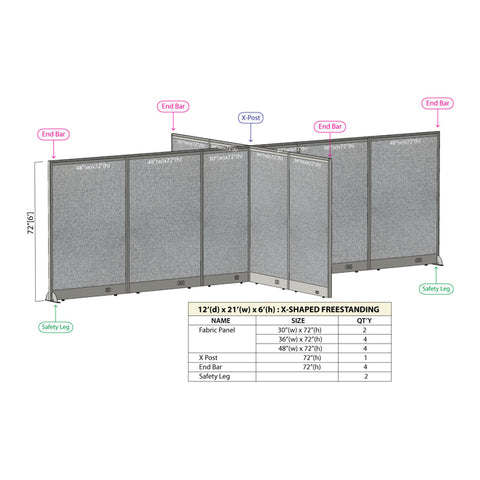GOF 144"D x 252"W x 48”/60”/72”H, X-Shaped Freestanding Fabric Partition Package