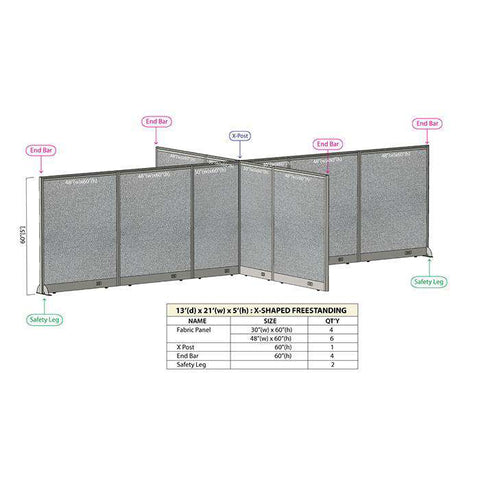 GOF 156"D x 252"W x 48”/60”/72”H, X-Shaped Freestanding Fabric Partition Package