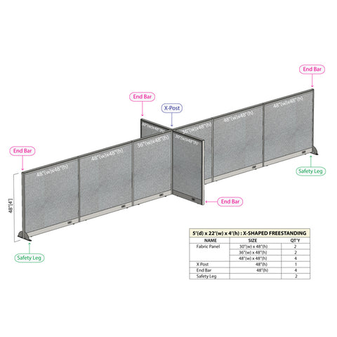 GOF 60"D x 264"W x 48”/60”/72”H, X-Shaped Freestanding Fabric Partition Package