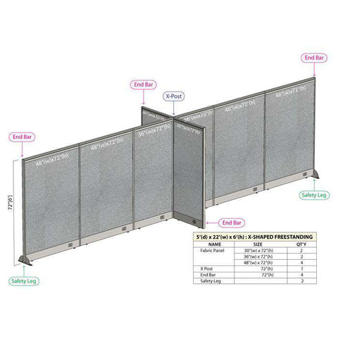 GOF 60"D x 264"W x 48”/60”/72”H, X-Shaped Freestanding Fabric Partition Package