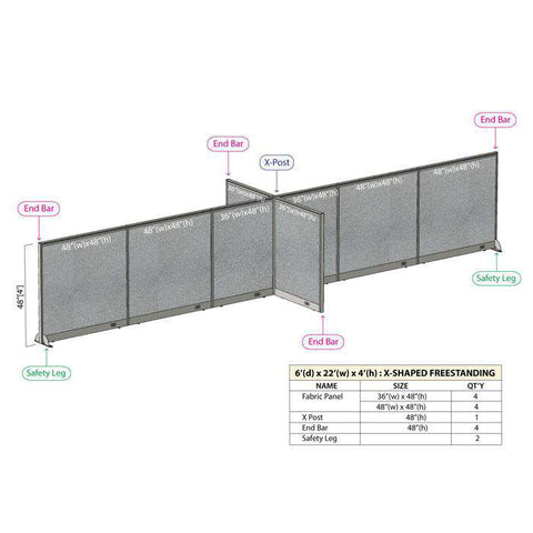 GOF 72"D x 264"W x 48”/60”/72”H, X-Shaped Freestanding Fabric Partition Package
