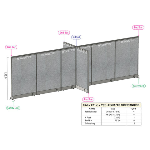 GOF 72"D x 264"W x 48”/60”/72”H, X-Shaped Freestanding Fabric Partition Package