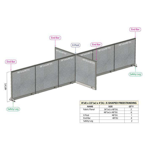 GOF 96"D x 264"W x 48”/60”/72”H, X-Shaped Freestanding Fabric Partition Package