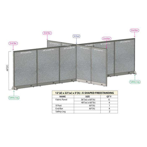 GOF 144"D x 264"W x 48”/60”/72”H, X-Shaped Freestanding Fabric Partition Package