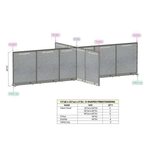 GOF 156"D x 264"W x 48”/60”/72”H, X-Shaped Freestanding Fabric Partition Package