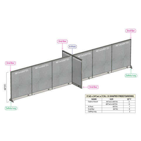 GOF 60"D x 288"W x 48”/60”/72”H, X-Shaped Freestanding Fabric Partition Package