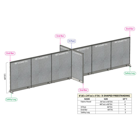GOF 72"D x 288"W x 48”/60”/72”H, X-Shaped Freestanding Fabric Partition Package