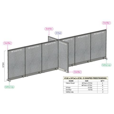 GOF 72"D x 288"W x 48”/60”/72”H, X-Shaped Freestanding Fabric Partition Package