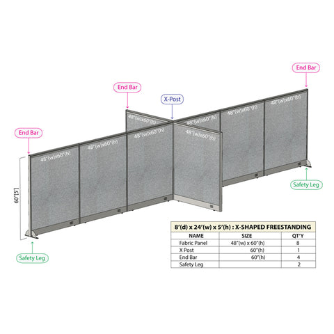 GOF 96"D x 288"W x 48”/60”/72”H, X-Shaped Freestanding Fabric Partition Package