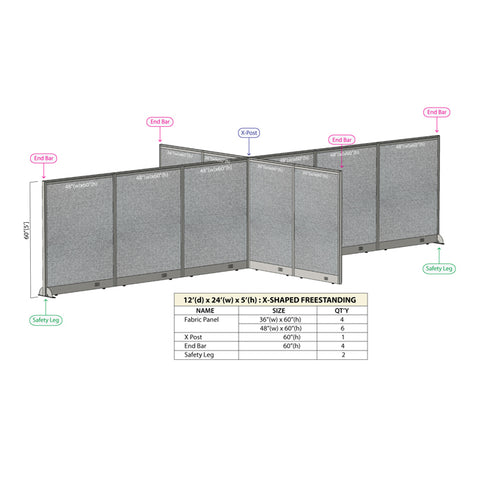 GOF 144D x 288W x 48”/60”/72”H, X-Shaped Freestanding Fabric Partition Package