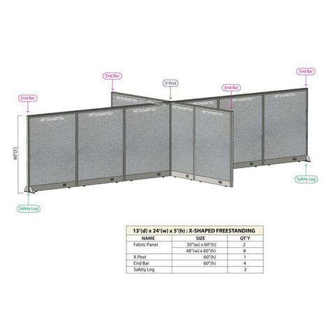 GOF 156"D x 288"W x 48”/60”/72”H, X-Shaped Freestanding Fabric Partition Package