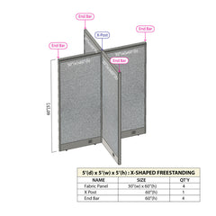 GOF 60"D x 60"W x 48”/60”/72”H, X-Shaped Freestanding Fabric Partition Package