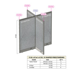 GOF 60"D x 72"W x 48”/60”/72”H, X-Shaped Freestanding Fabric Partition Package