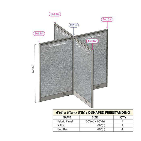 GOF 72"D x 72"W x 48”/60”/72”H, X-Shaped Freestanding Fabric Partition Package