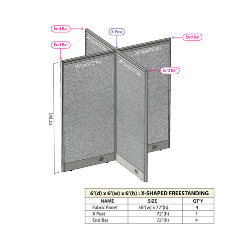 GOF 72"D x 72"W x 48”/60”/72”H, X-Shaped Freestanding Fabric Partition Package