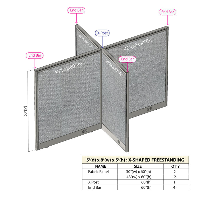 GOF 60"D x 96"W x 48”/60”/72”H, X-Shaped Freestanding Fabric Partition Package