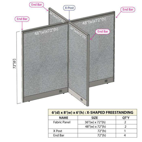 GOF 72"D x 96"W x 48”/60”/72”H, X-Shaped Freestanding Fabric Partition Package