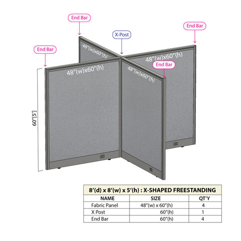 GOF 96"D x 96"W x 48”/60”/72”H, X-Shaped Freestanding Fabric Partition Package