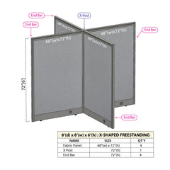 GOF 96"D x 96"W x 48”/60”/72”H, X-Shaped Freestanding Fabric Partition Package