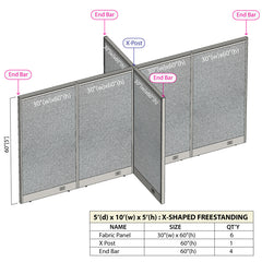 GOF 60"D x 120"W x 48”/60”/72”H, X-Shaped Freestanding Fabric Partition Package