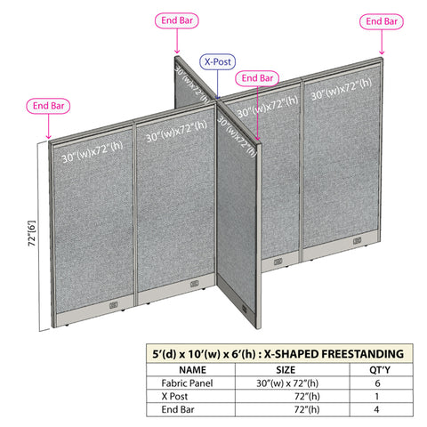 GOF 60"D x 120"W x 48”/60”/72”H, X-Shaped Freestanding Fabric Partition Package