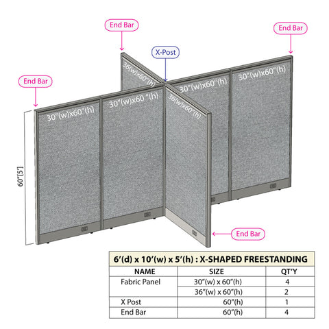 GOF 72"D x 120W x 48”/60”/72”H, X-Shaped Freestanding Fabric Partition Package