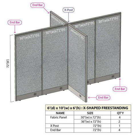 GOF 72"D x 120W x 48”/60”/72”H, X-Shaped Freestanding Fabric Partition Package