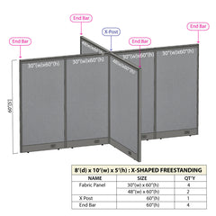 GOF 96"D x 120"W x 48”/60”/72”H, X-Shaped Freestanding Fabric Partition Package