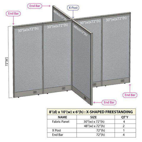 GOF 96"D x 120"W x 48”/60”/72”H, X-Shaped Freestanding Fabric Partition Package