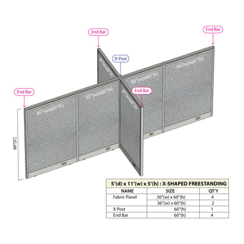 GOF 60"D x 132"W x 48”/60”/72”H, X-Shaped Freestanding Fabric Partition Package
