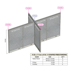GOF 60"D x 132"W x 48”/60”/72”H, X-Shaped Freestanding Fabric Partition Package
