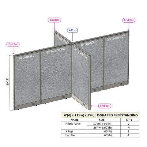 GOF 72"D x 132"W x 48”/60”/72”H, X-Shaped Freestanding Fabric Partition Package