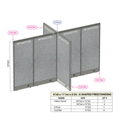 GOF 72"D x 132"W x 48”/60”/72”H, X-Shaped Freestanding Fabric Partition Package