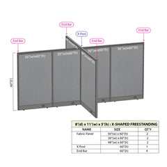 GOF 96"D x 132W x 48”/60”/72”H, X-Shaped Freestanding Fabric Partition Package