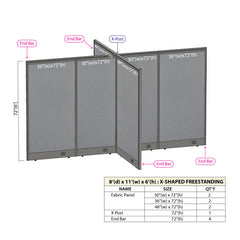 GOF 96"D x 132W x 48”/60”/72”H, X-Shaped Freestanding Fabric Partition Package