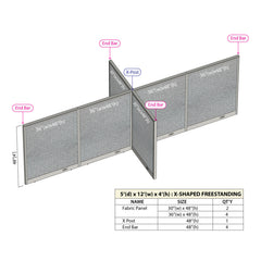 GOF 60"D x 144"W x 48”/60”/72”H, X-Shaped Freestanding Fabric Partition Package