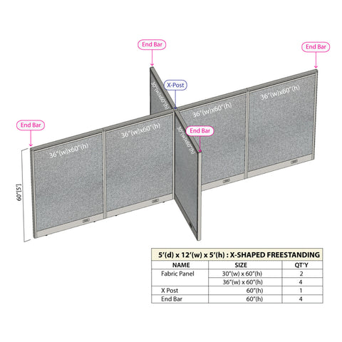 GOF 60"D x 144"W x 48”/60”/72”H, X-Shaped Freestanding Fabric Partition Package