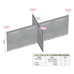 GOF 60"D x 144"W x 48”/60”/72”H, X-Shaped Freestanding Fabric Partition Package