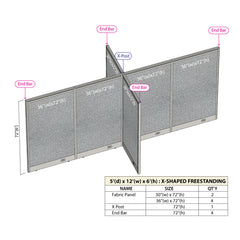 GOF 60"D x 144"W x 48”/60”/72”H, X-Shaped Freestanding Fabric Partition Package