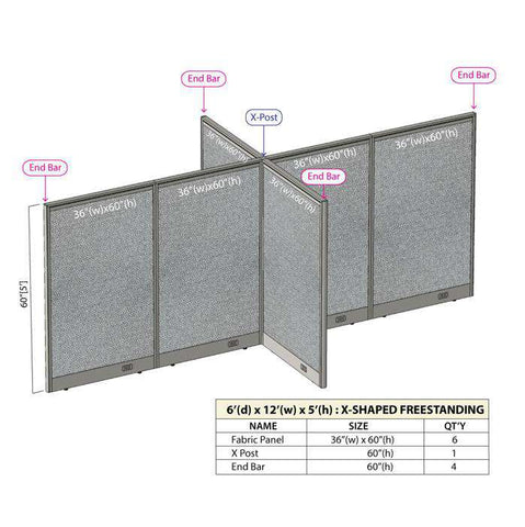 GOF 72"D x 144"W x 48”/60”/72”H, X-Shaped Freestanding Fabric Partition Package