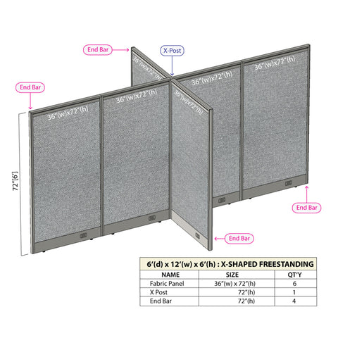GOF 72"D x 144"W x 48”/60”/72”H, X-Shaped Freestanding Fabric Partition Package