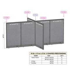 GOF 96"D x 144"W x 48”/60”/72”H, X-Shaped Freestanding Fabric Partition Package