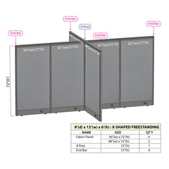GOF 96"D x 144"W x 48”/60”/72”H, X-Shaped Freestanding Fabric Partition Package