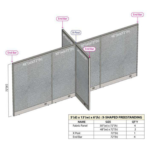 GOF 60"D x 156"W x 48”/60”/72”H, X-Shaped Freestanding Fabric Partition Package