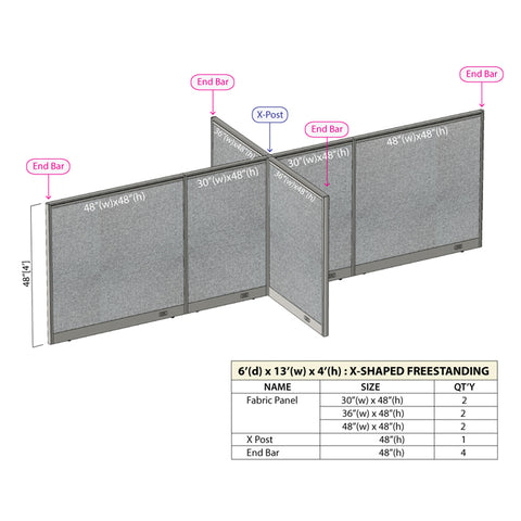 GOF 72"D x 156"W x 48”/60”/72”H, X-Shaped Freestanding Fabric Partition Package