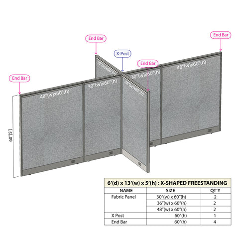 GOF 72"D x 156"W x 48”/60”/72”H, X-Shaped Freestanding Fabric Partition Package