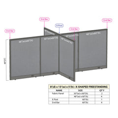 GOF 96"D x 156"W x 48”/60”/72”H, X-Shaped Freestanding Fabric Partition Package