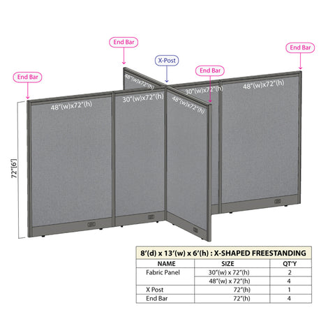 GOF 96"D x 156"W x 48”/60”/72”H, X-Shaped Freestanding Fabric Partition Package