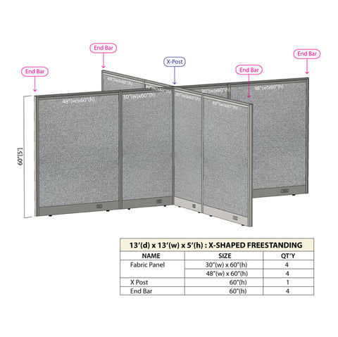 GOF 156"D x 156"W x 48”/60”/72”H, X-Shaped Freestanding Fabric Partition Package